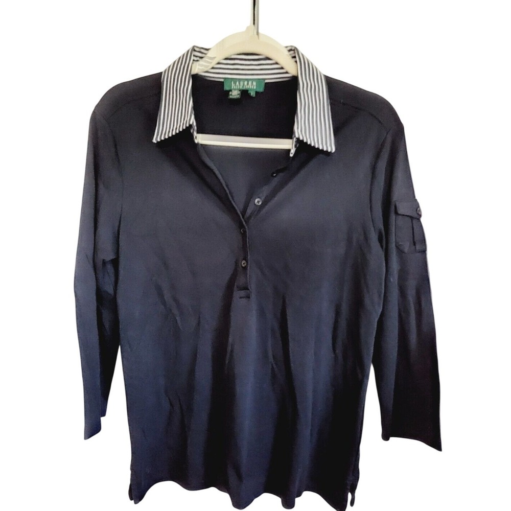 Lauren‎ Ralph Lauren L Black Long Sleeve Polo Shirt Striped Collar Womens Goth - Picture 4 of 9